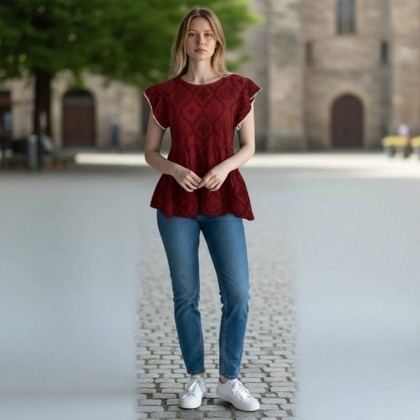 Altered State Burgundy Embroidered Peasant Blouse Tassel Tie Short Sleeve M