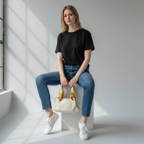 Fossil Chic Woven Tote Bag with Yellow Patent Trim & Colorful Polka Dot Lining