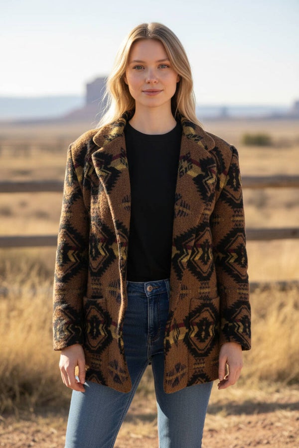 Rafaella Womens Geometric Pattern Blazer Jacket Brown Wool Blend Size 10