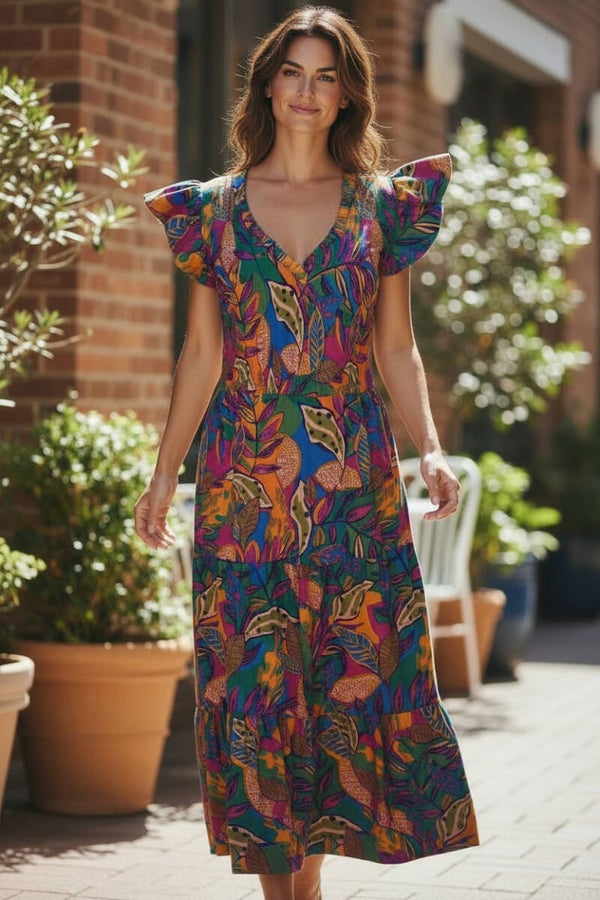 SUGARLIPS Tropical Leaf Print Smocked Maxi Dress Flutter Sleeve V Neck Size L