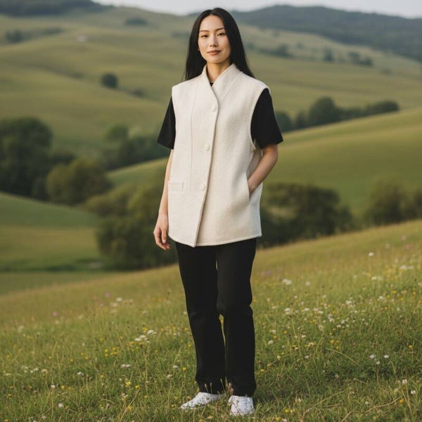 Cream White Textured Button Front Vest Sleeveless Collarless Pockets Size Large