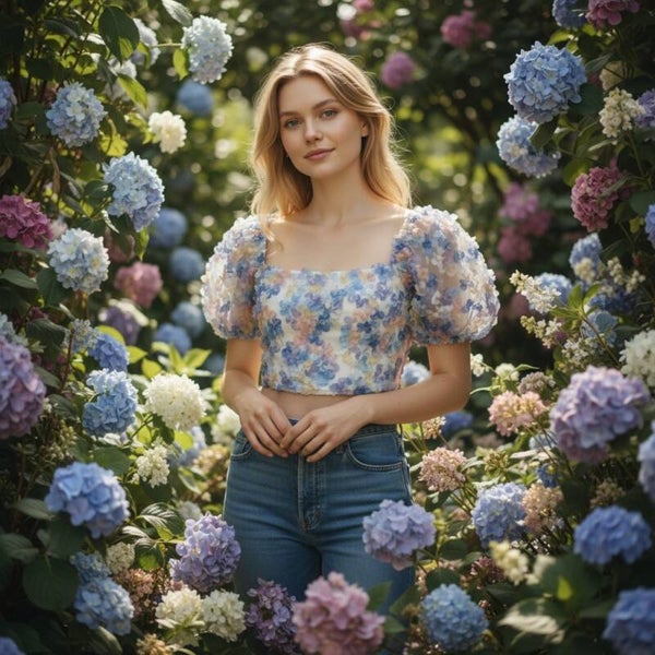 LE LIS COLLECTION Floral Mesh Puff Sleeve Square Neck Crop Top Women's M