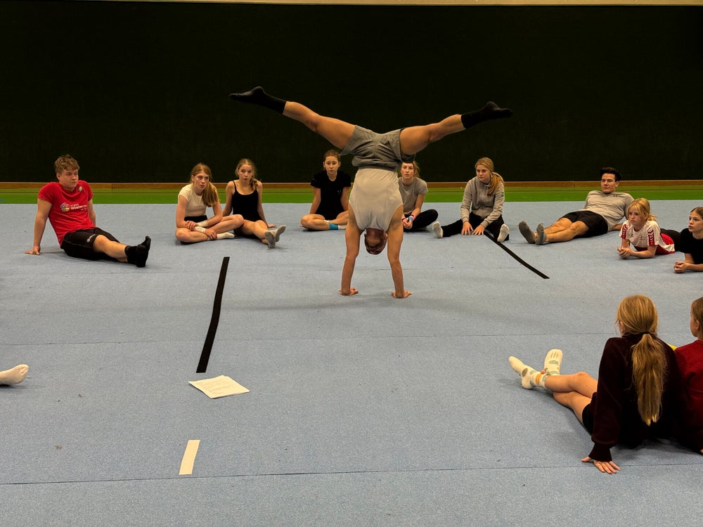 Dario im Straddle Handstand vor einer Workshop-Gruppe