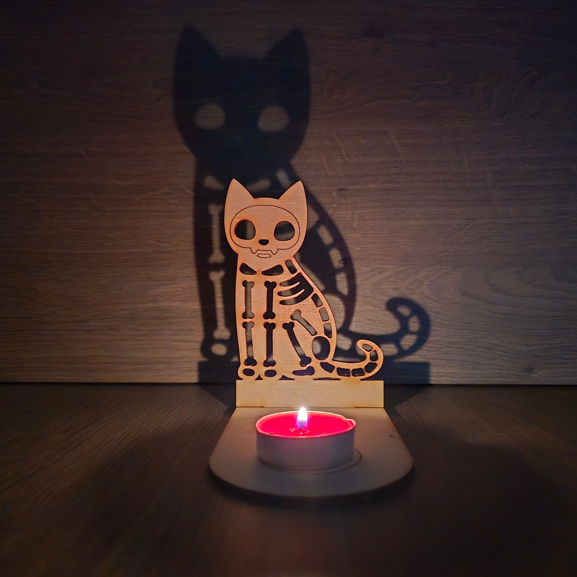 Skeleton Cat Tealight Holder – Spooky Halloween Shadow Candle Decor