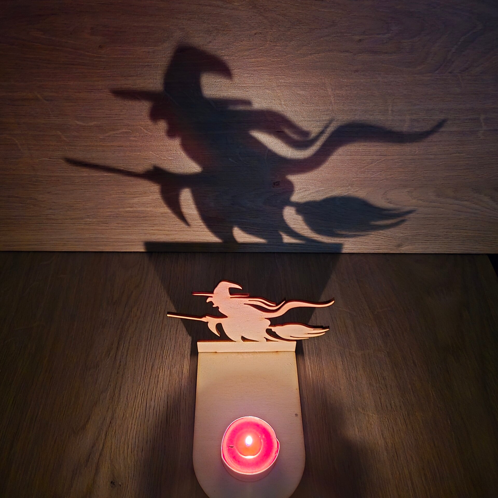 Spooky Flying Witch Tealight Holder – Halloween Candle Holder, Witch Shadow Décor, Gothic Haunted House Decoration