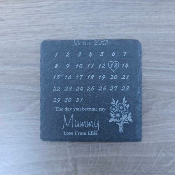 Personalised Mother’s Day Slate Coaster – Custom Engraved Calendar Gift for Mum – First Mother’s Day Present – New Mum Keepsake – Birthday Gift