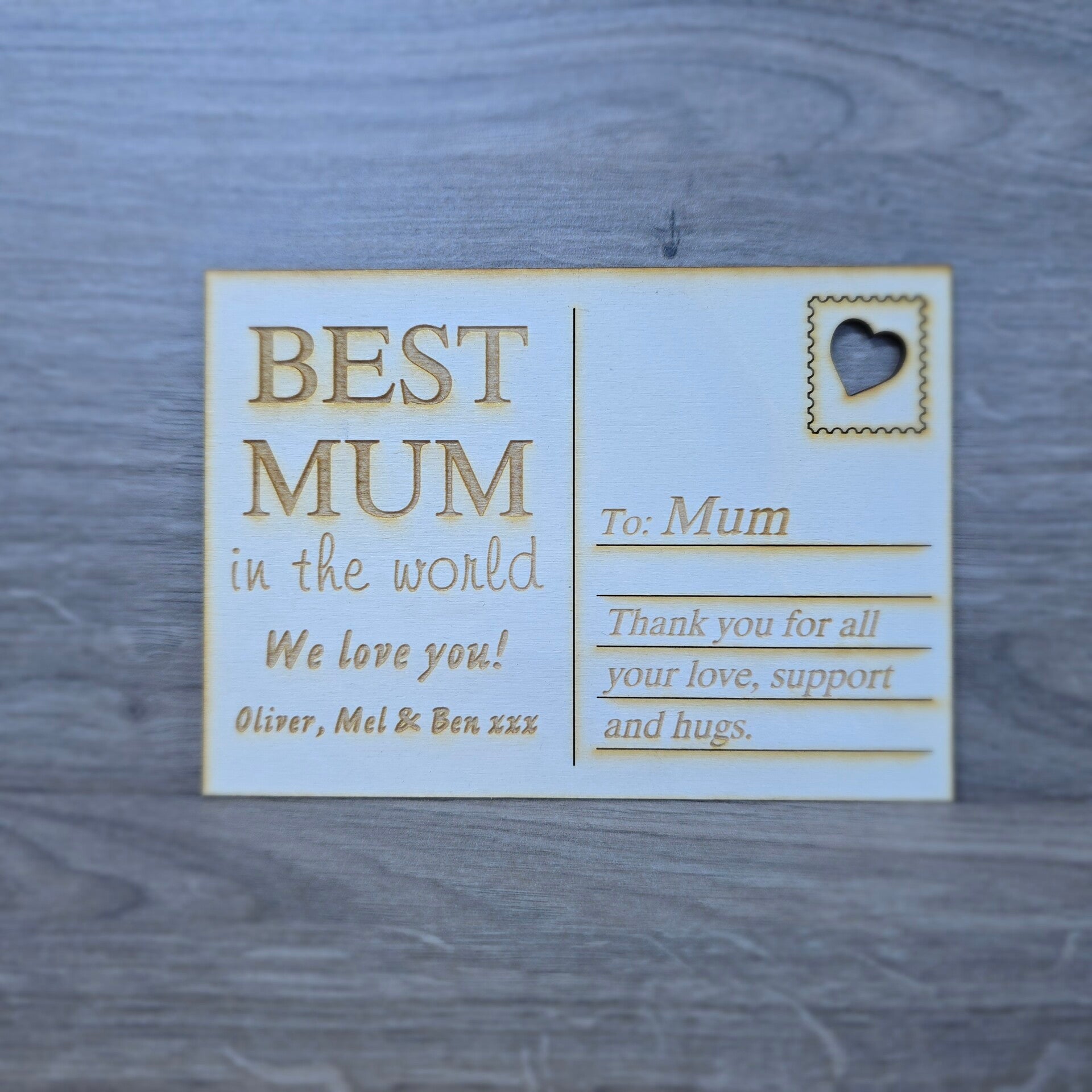 Personalised Mother’s Day Wooden Postcard – Custom Engraved Best Mum Card – Unique Mum Keepsake – Letterbox Gift – From Kids – Thank You Mum