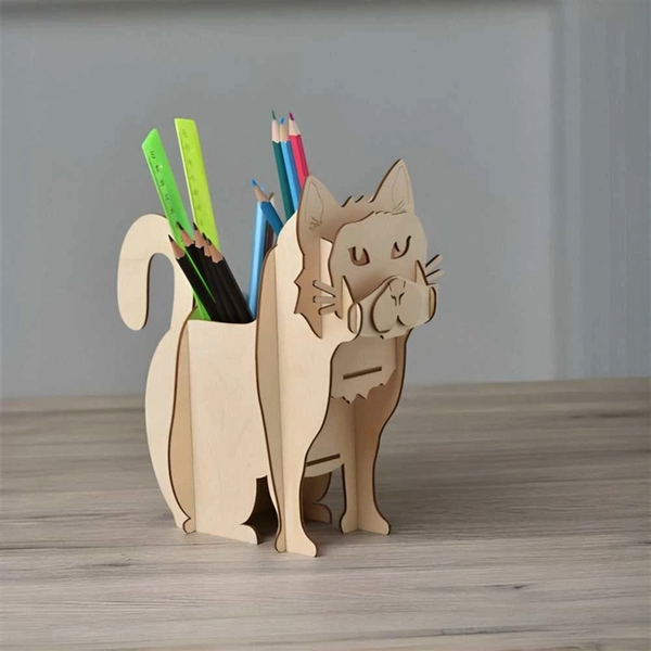 3D Wooden Cat Stationery Holder | Laser Cut Desk Organizer | Cute Cat Pen & Pencil Holder | Office Desk Decor | Gift for Cat Lovers