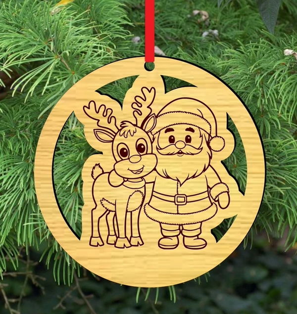 Santa and Reindeer Wooden Christmas Ornament – Laser Cut Christmas Tree Decoration | Rustic Wooden Holiday Bauble | Festive Xmas Gift