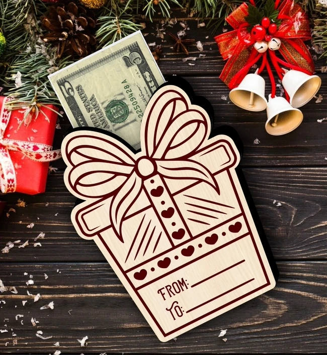 Wooden Christmas Money Clip Holder – Laser Engraved Gift Card Holder | Rustic Xmas Cash / Gift Card Holder | Eco-Friendly Wooden Stocking Filler | Holiday Gift Idea