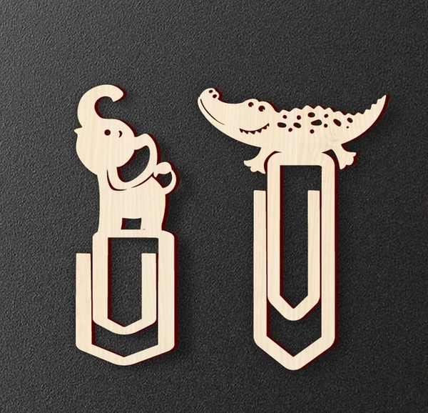 Handmade Wooden Animal Paper Clips – Elephant & Crocodile Bookmark Set | Cute Stationery Gift for Students & Book Lovers