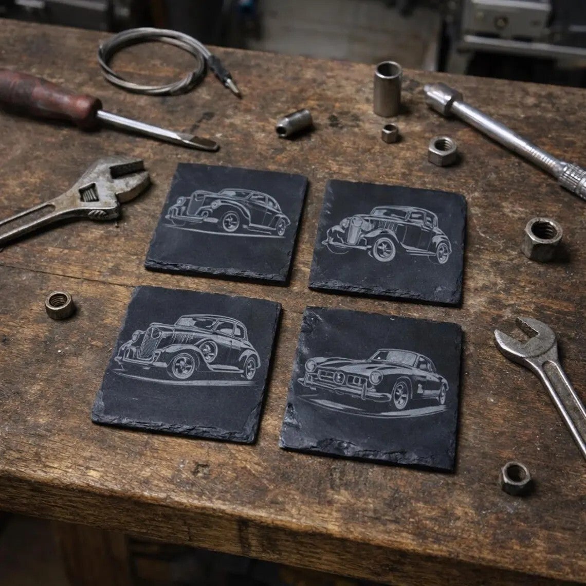 Vintage Car Slate Coasters – Classic Automobile Engraving, Workshop Decor