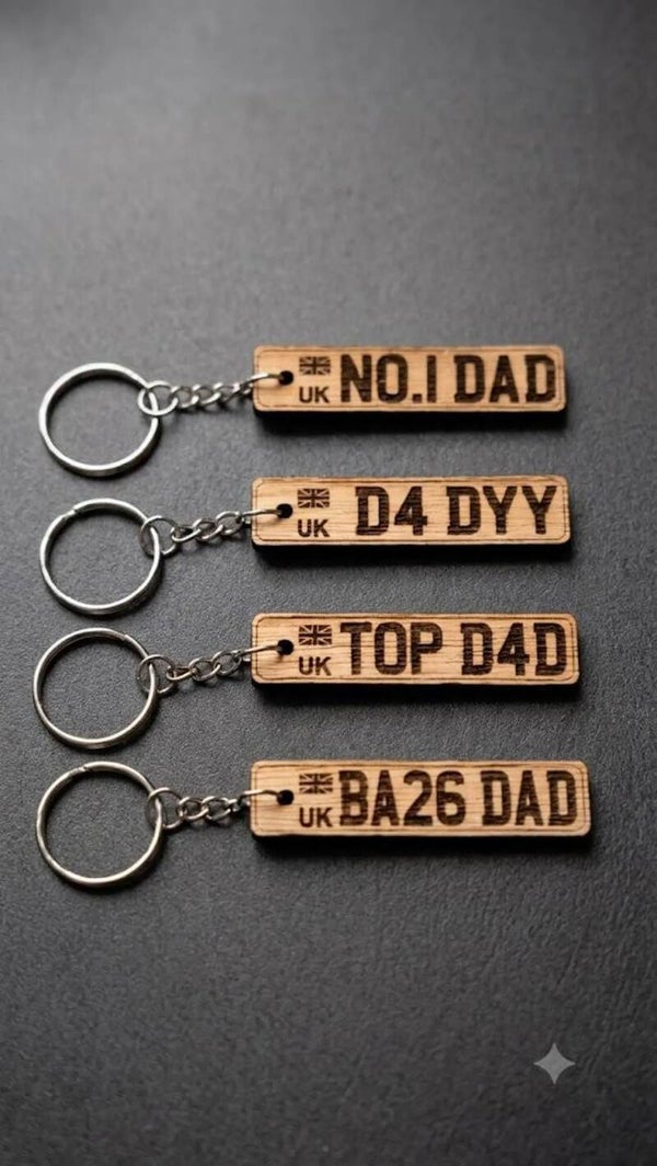 Personalized UK Number Plate Keychain, Custom Wood Dad Gift