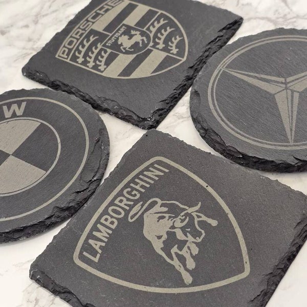 Laser Engraved Slate Coaster Car Logo, Luxury Car Brands