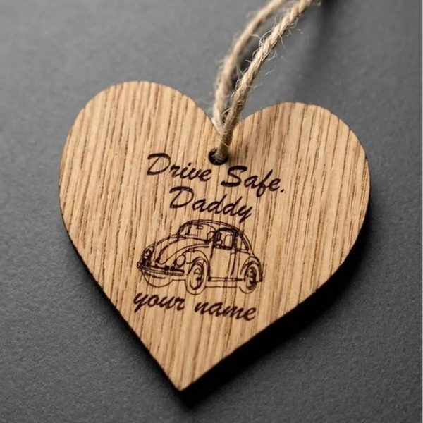 Personalized Wooden Heart Charm, Drive Safe , Beetle Car Rearview Mirror Accessory