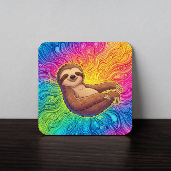 Psychedelic Sloth Coaster – Colorful Lazy Vibes for Your Desk or Home