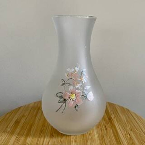 Vintage Frosted White Vase with Pink Flowers