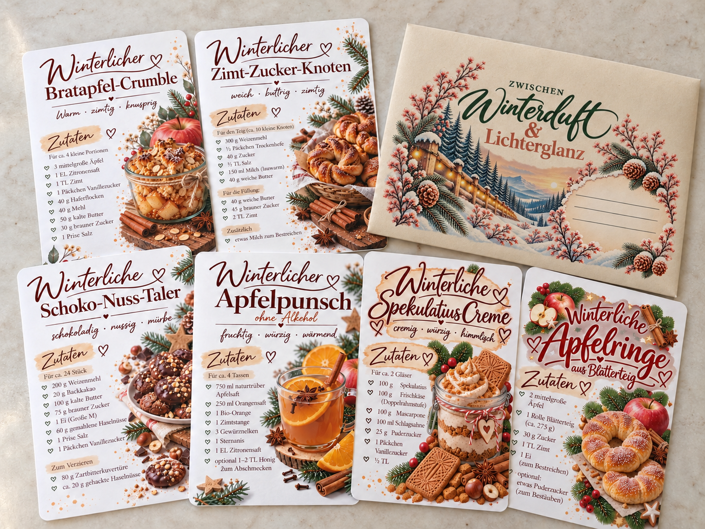 Winterliche Rezeptkarten – Set 1 · 6 Karten im Schmuckumschlag