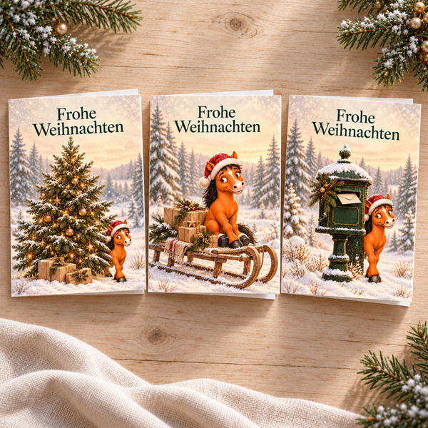Weihnachtskarte mit Pferdchen – Tannenbaum, Schlitten oder Briefkasten 3er Set