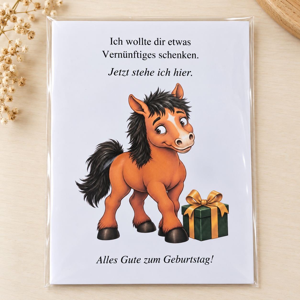Lustige Geburtstagskarte mit Pferdchen – Klappkarte 12,5 × 16,5 cm in transparenter Schutzhülle