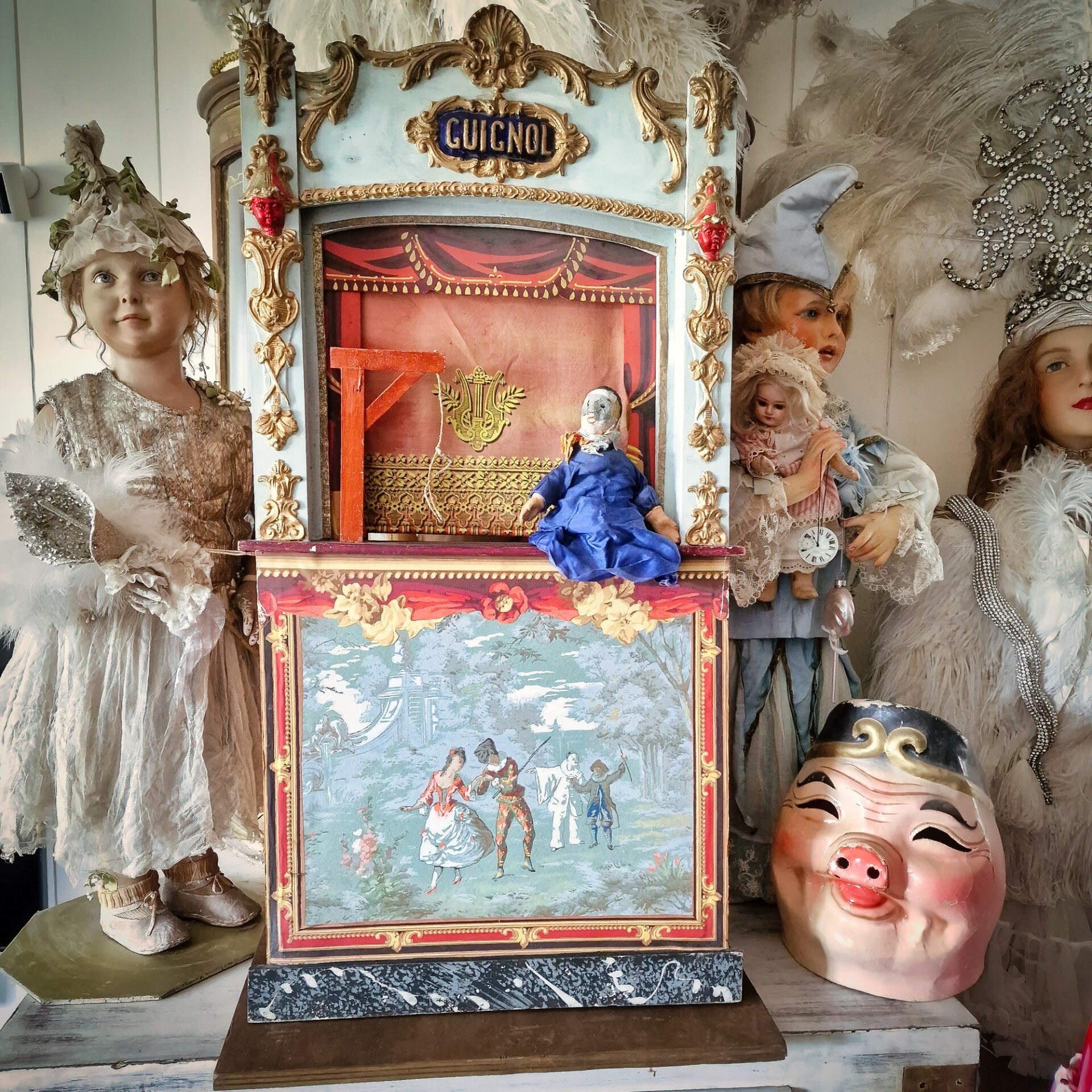 19th. C. Guignol Puppet Theater with wooden stand