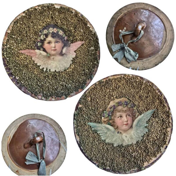 Pair of Unique French Folk Art Angel Plaques – Circa 1890