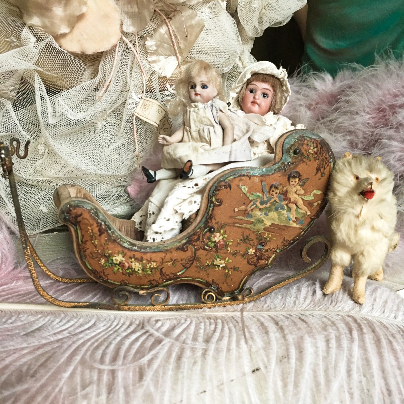 19th Century French Embossed Cherubs Doll Sleigh