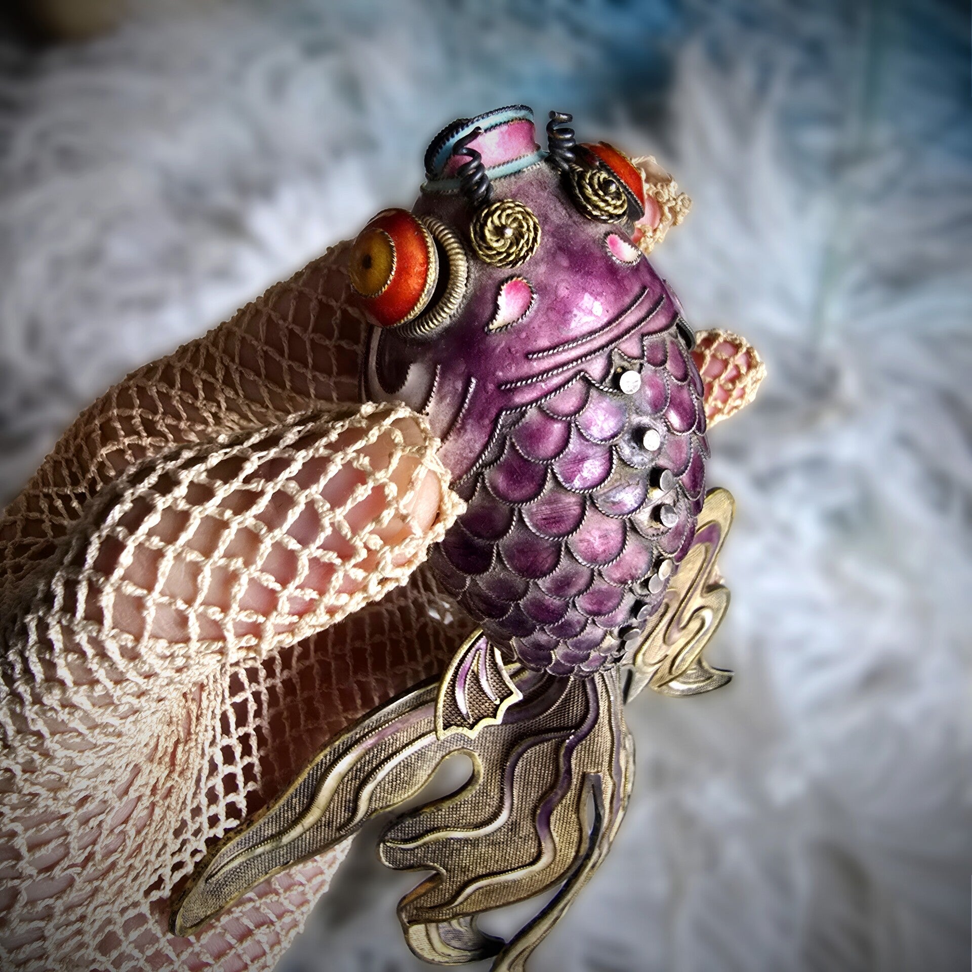 Antique Chinese Enamel and Silver Koi Fish Brooch