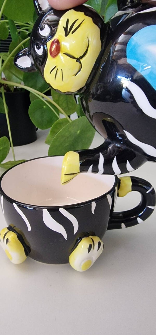 Vintage theepot zwarte kat, pot met kop