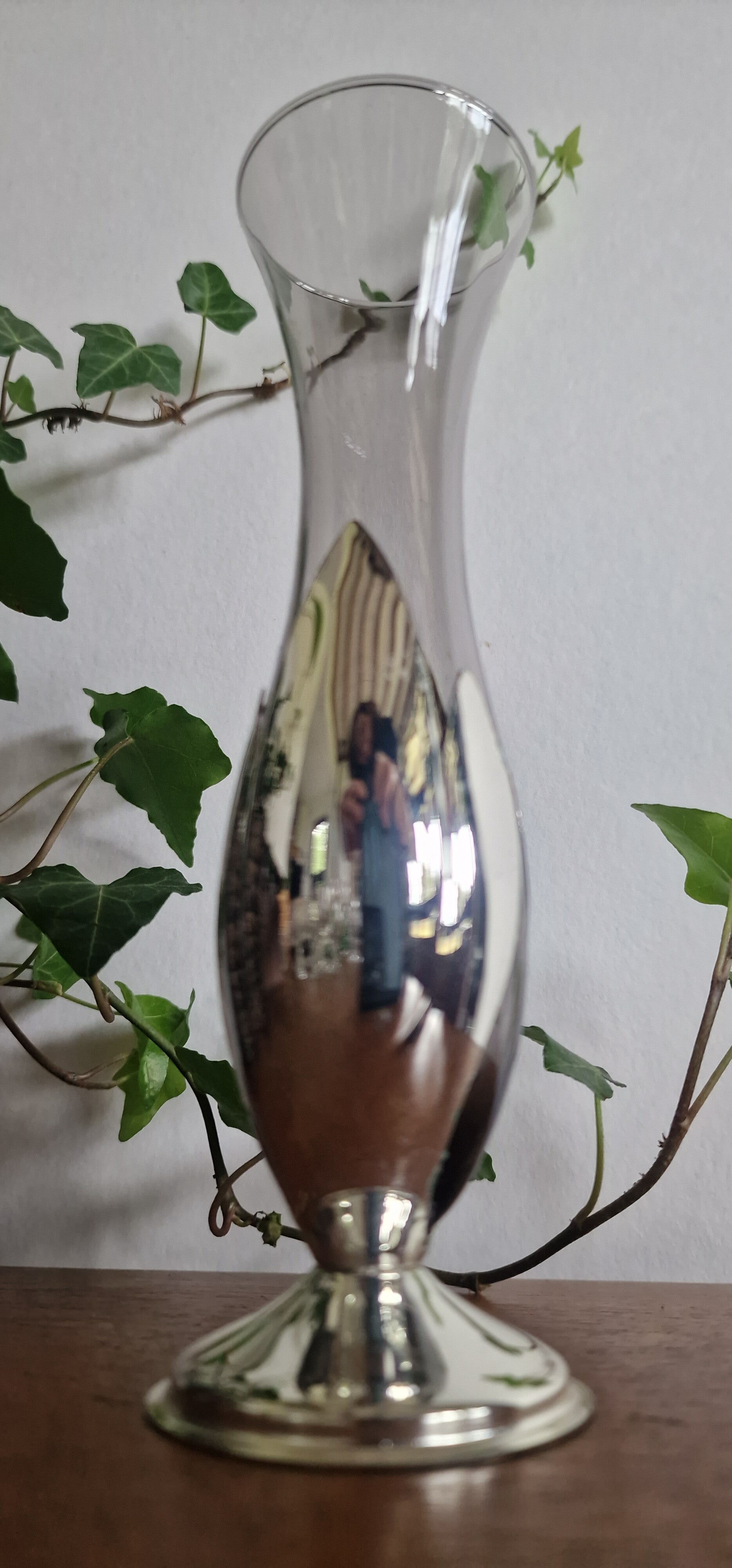 Vintage verzilverd vaasje met gerookt glas, BMF