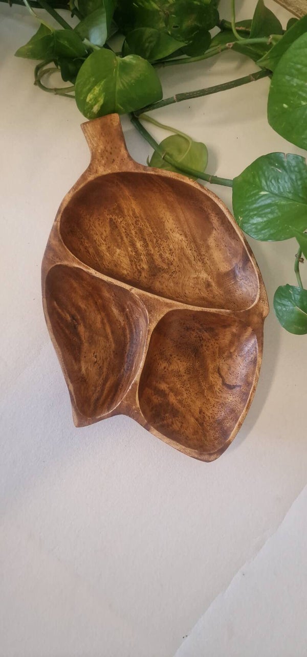 Vintage houten snackschaal, bladvorm