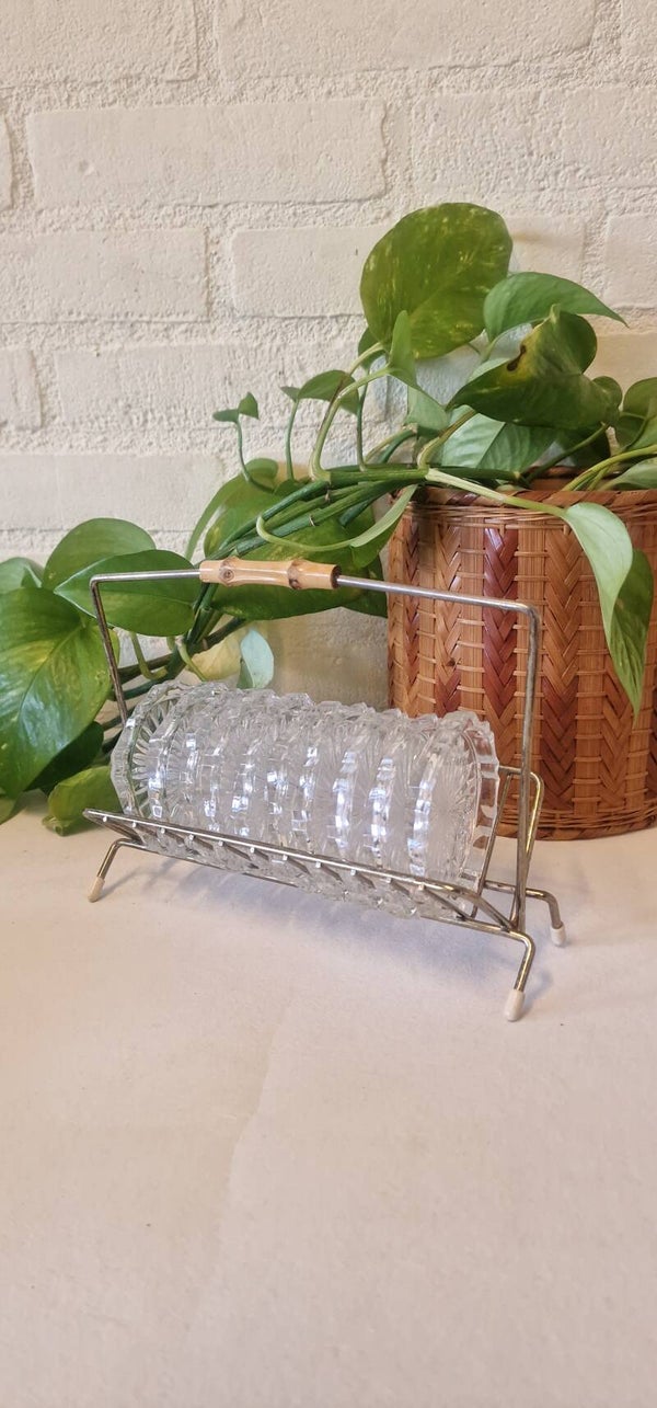 Glazen onderzetters in mooie houder, bamboe handvat