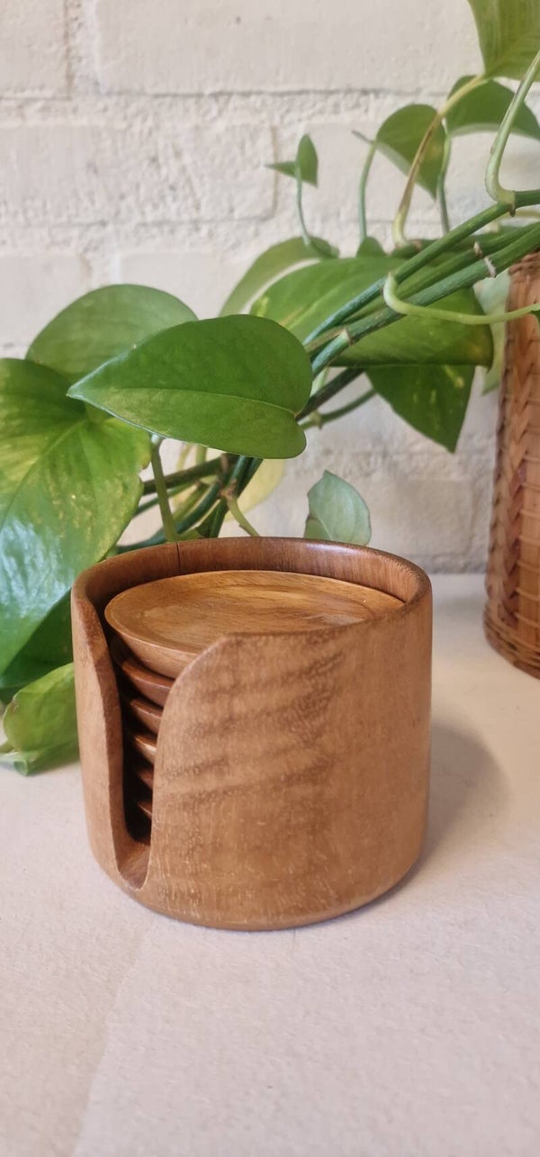 Set vintage houten onderzetters in houder
