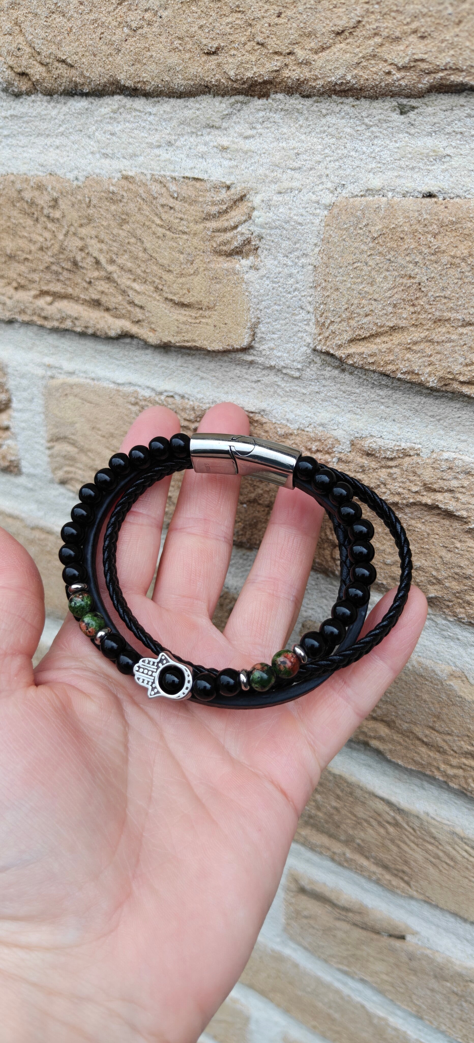 Hamsa Dubbele Herenarmband –21,5 cm – Zwart & Groen Natuursteen