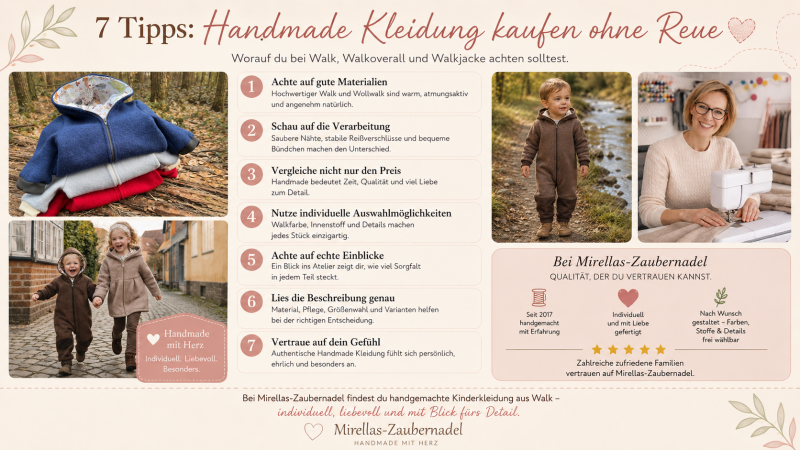 Infografik mit 7 Tipps zum Kauf von handgemachter Kinderkleidung aus Walk, Walkoverall und Walkjacke von Mirellas-Zaubernadel.