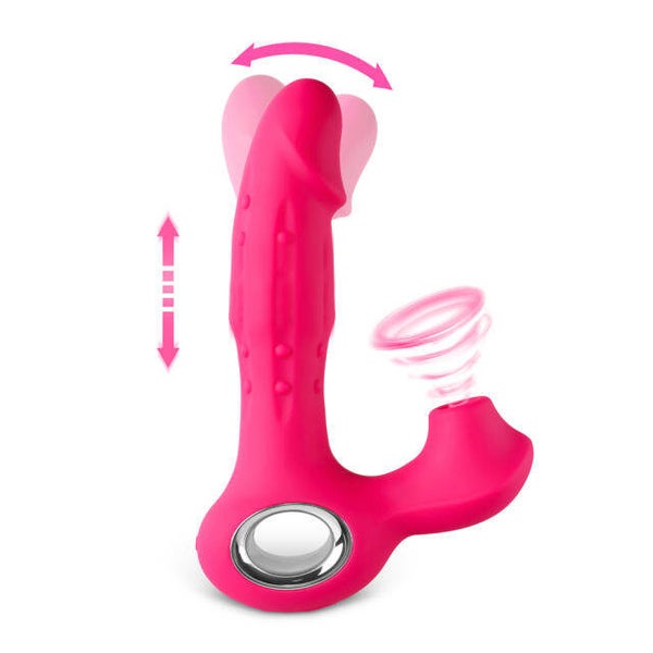 Red Color 12-Speed Silicone Vibrator with Sucking, Finger-Like, and Beaded Up-and-Down Motion Functions