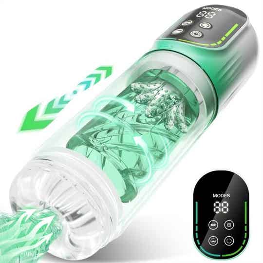 7-Speed Green Rechargeable Masturbator with Vibrating, Thrusting, Rotating, Sucking & Tongue-Licking Functions