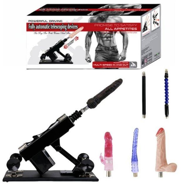 Black Adjustable Thrusting Sex Machine with 6 Attachments & Plug-In Power – 85° Angle Adjustment