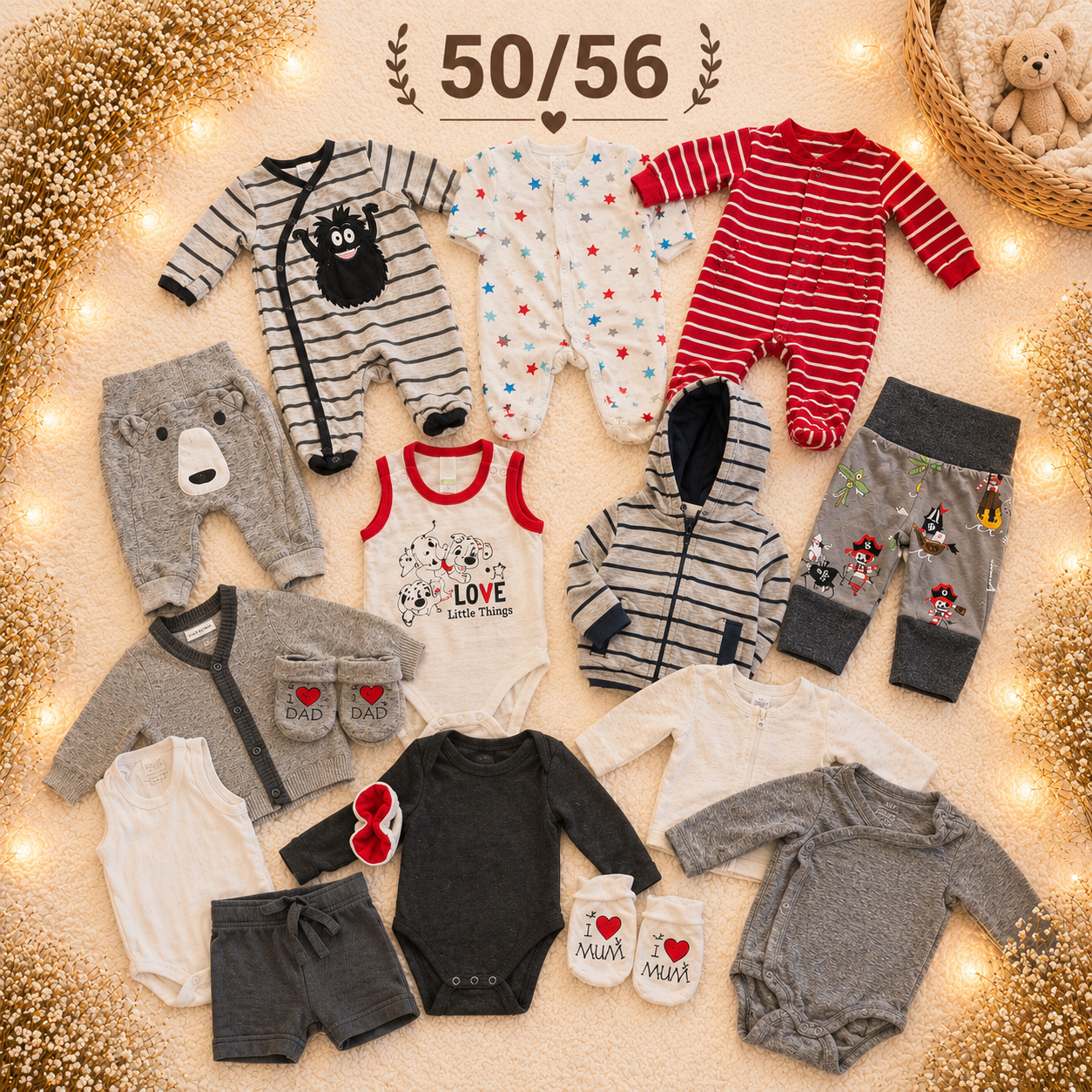 Babykleiderpaket grau/rot 50/56