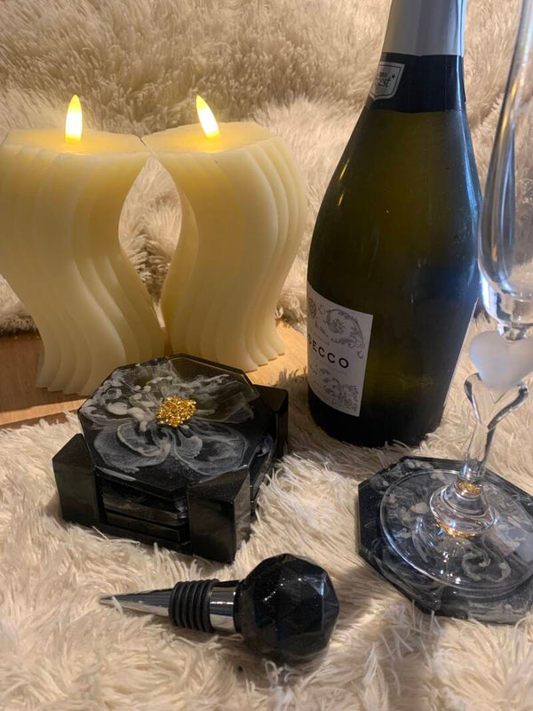 Black Pearl and Ivory Bloom Coasters and Holder