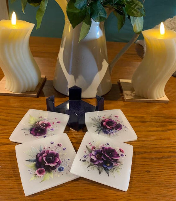 White & Purple Floral Coasters with Holder
