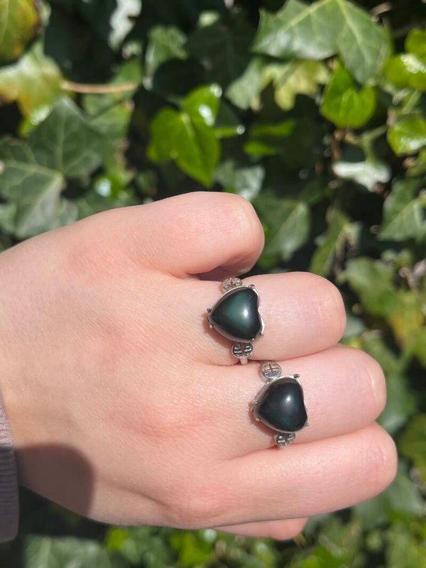 Regenboog obsidiaan hart ring zilverkleurig
