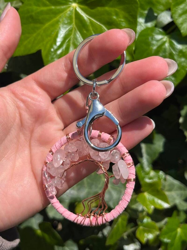 Levensboom rozenkwarts sleutelhanger