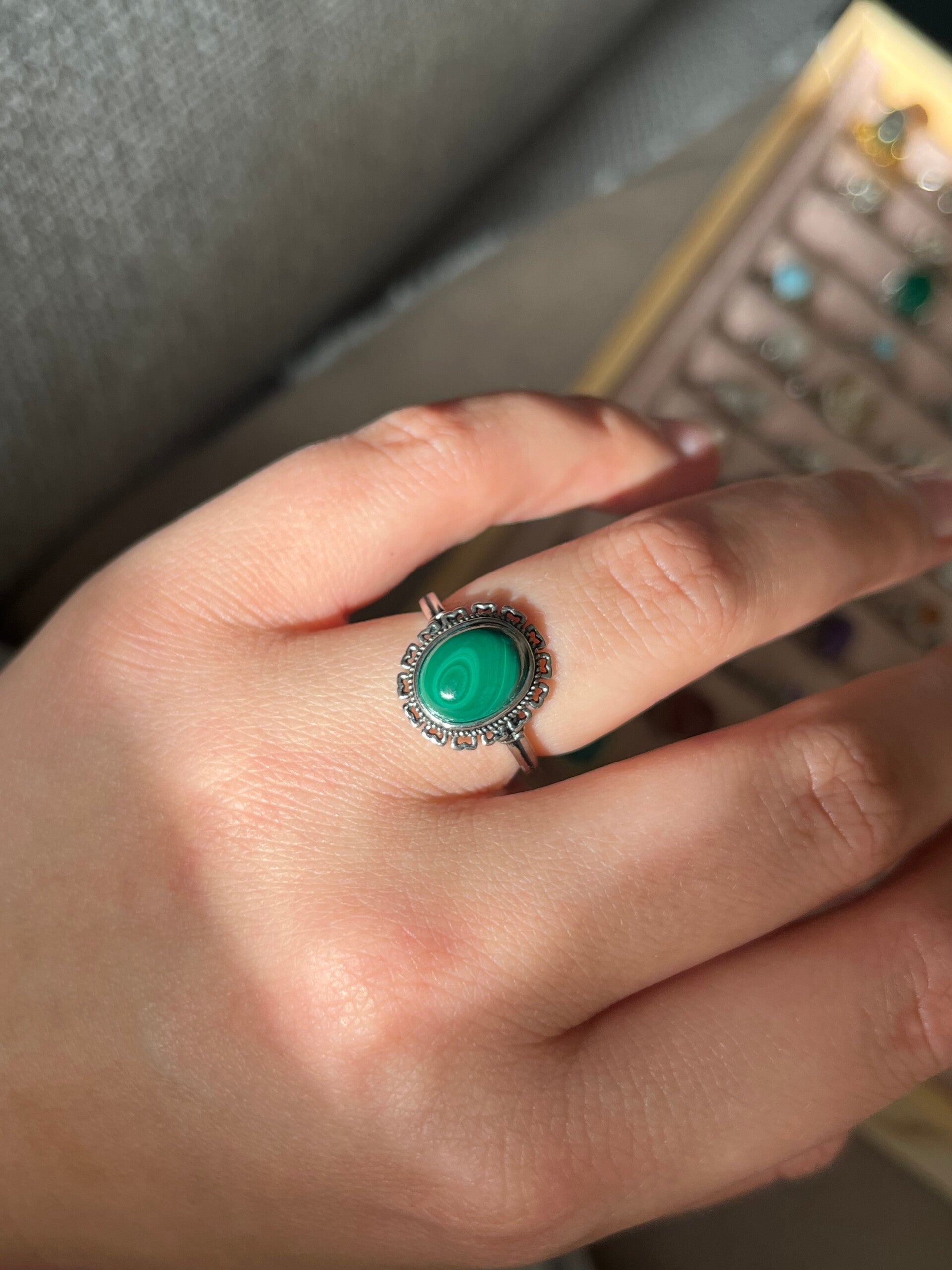 Malachiet ring vintage zilverkleurig