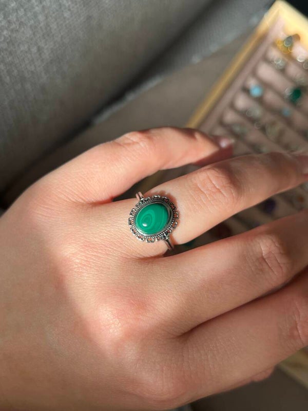 Malachiet ring vintage zilverkleurig