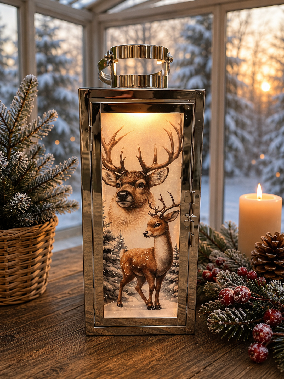 Metall-Laterne silber Rehe