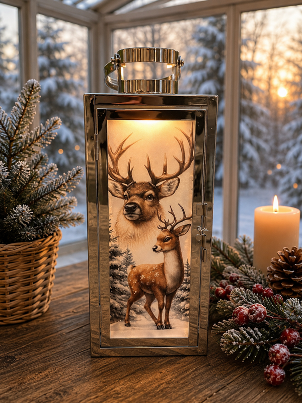 Metall-Laterne silber Rehe