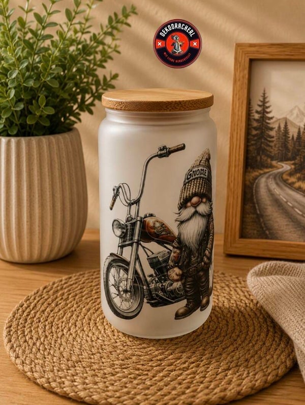 Trinkglas Rockwichtel mit Motorrad
