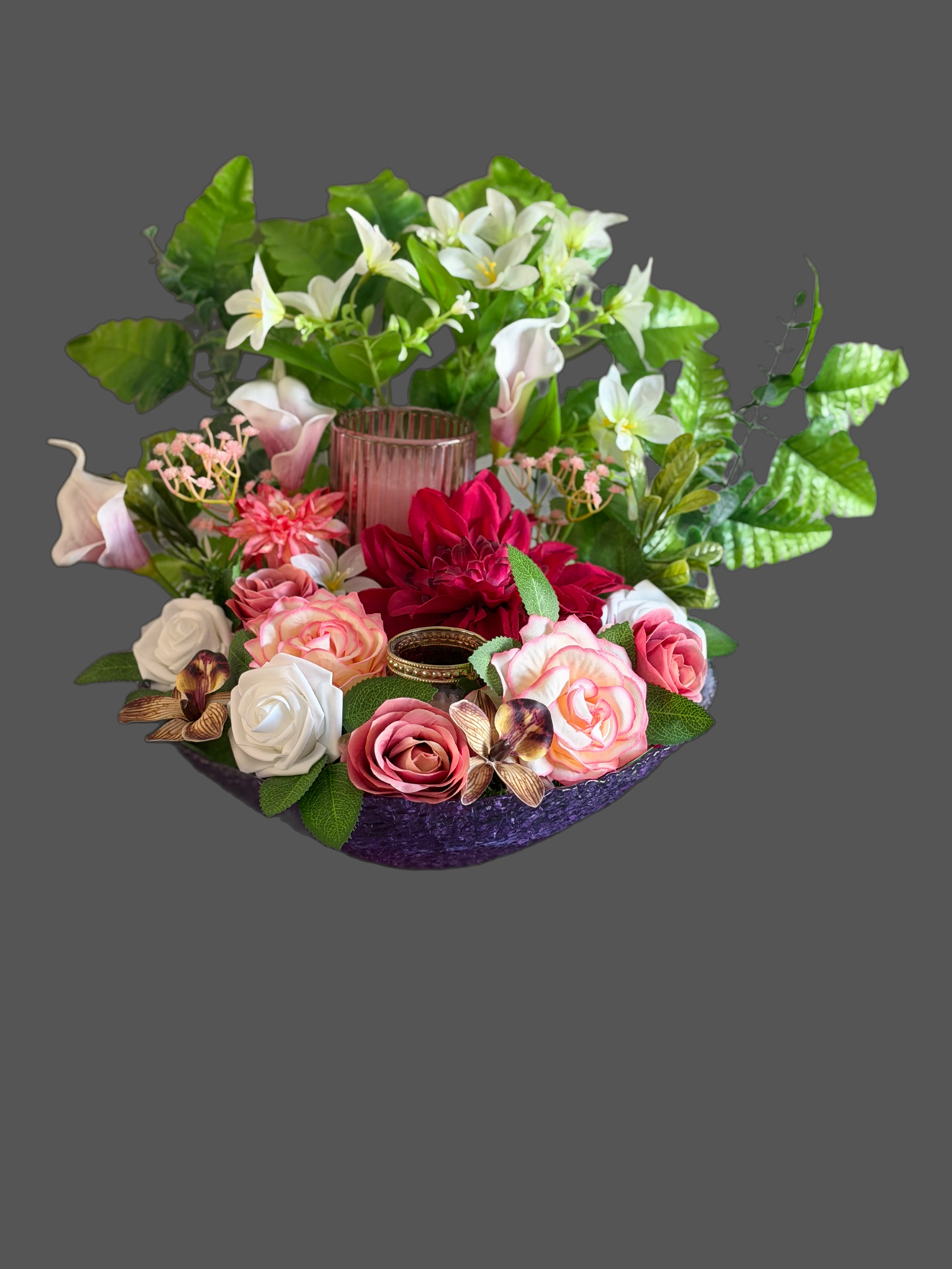 Roze paarse glazen schaal 30 cm opgemaakt