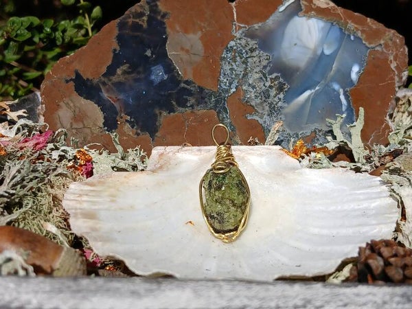 Raw Peridot in Lava Rock Pendant